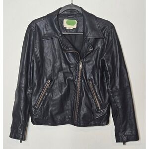 By Anthropologie Vintage Moto Jacket Faux Leather Navy Full Zip Womens Med Edgy